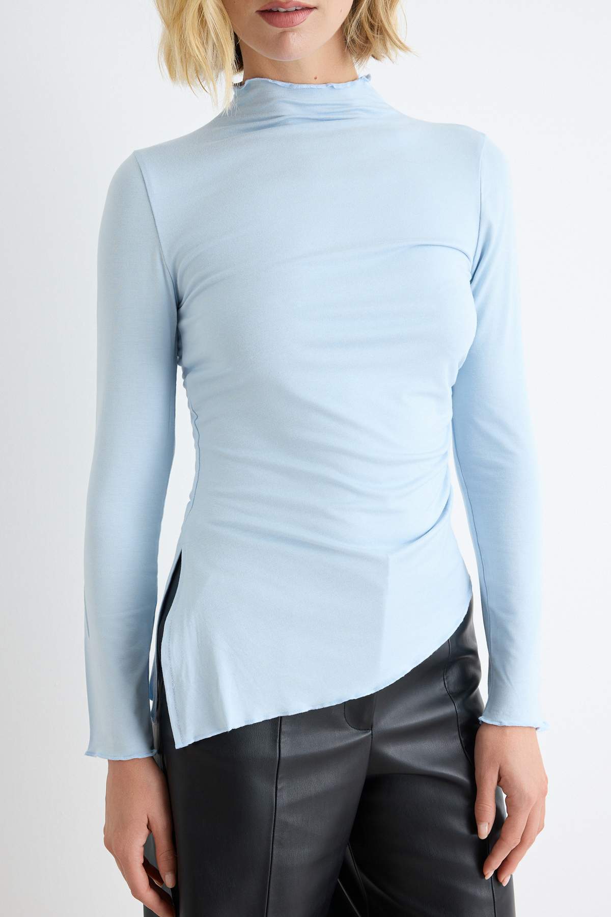 High Neck Asymmetric Long Sleeve Fitted Blouse