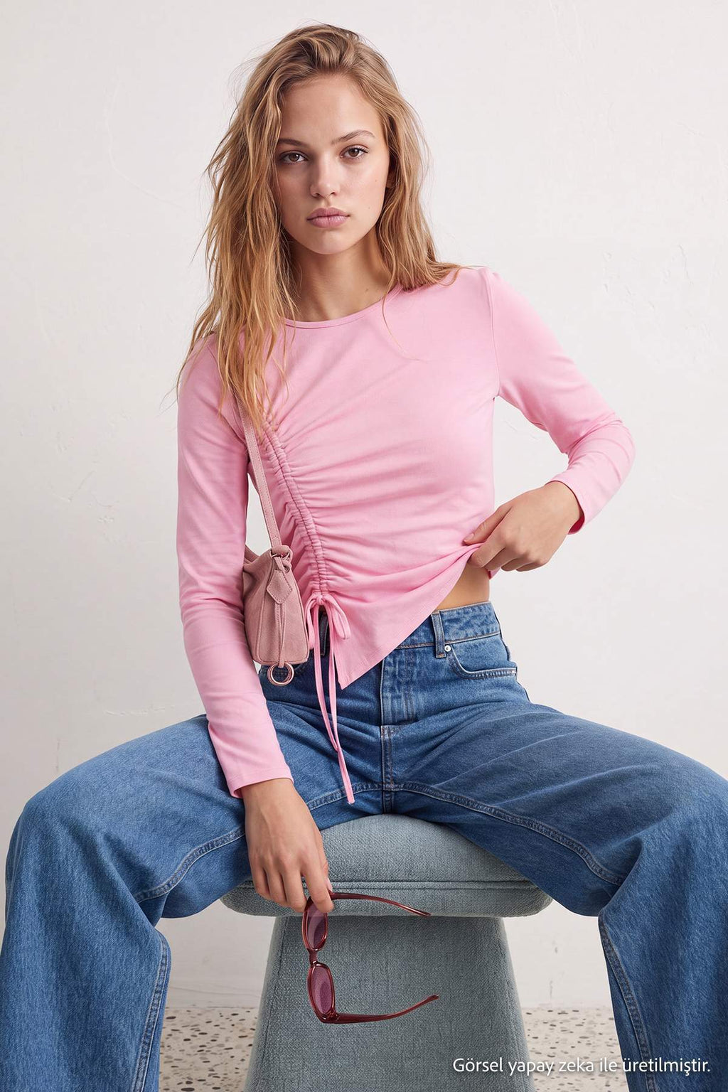 Crew Neck Gathered Crop Fitted Blouse