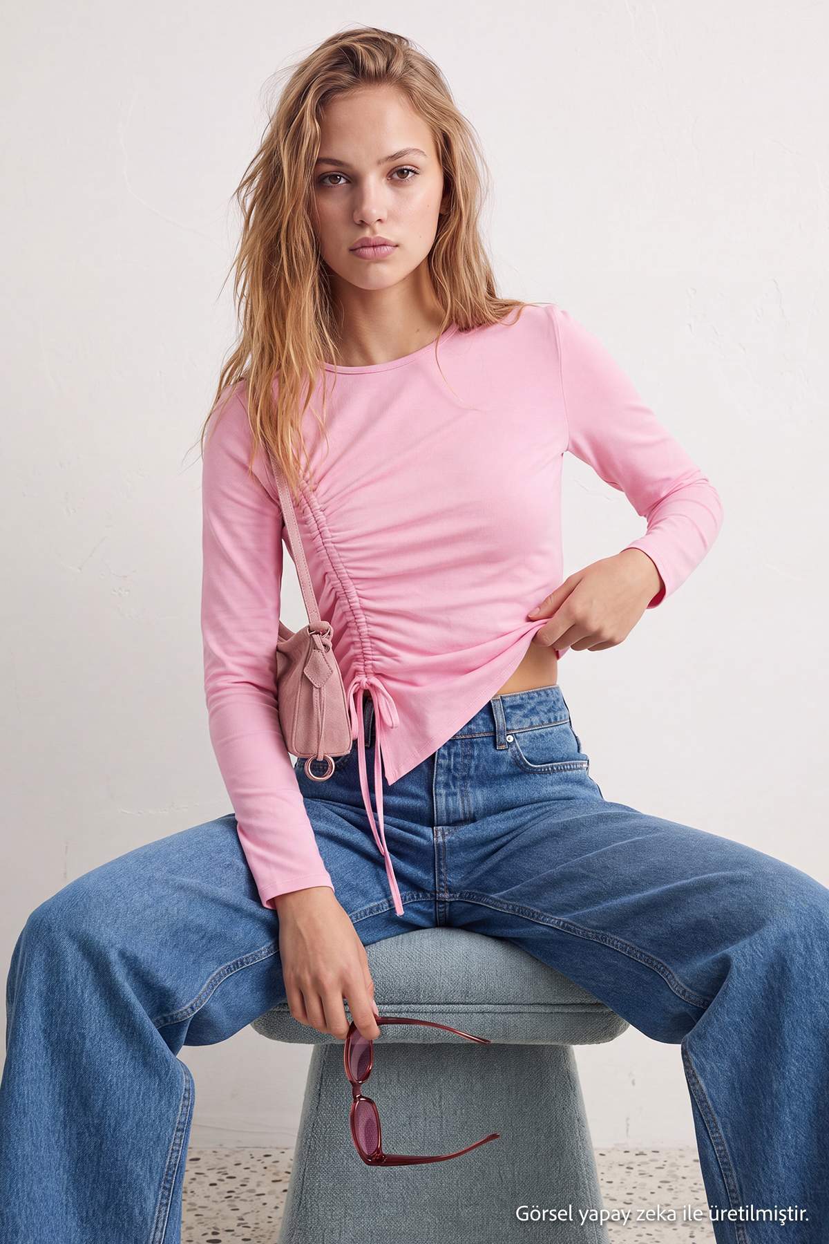 Crew Neck Gathered Crop Fitted Blouse