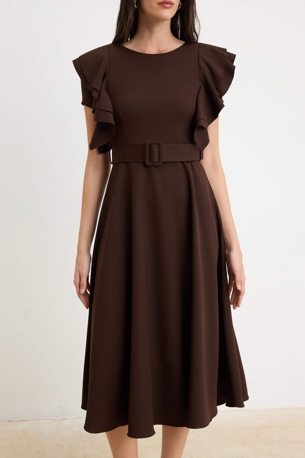 Belted Balloon Sleeve Midi Skater Dress
