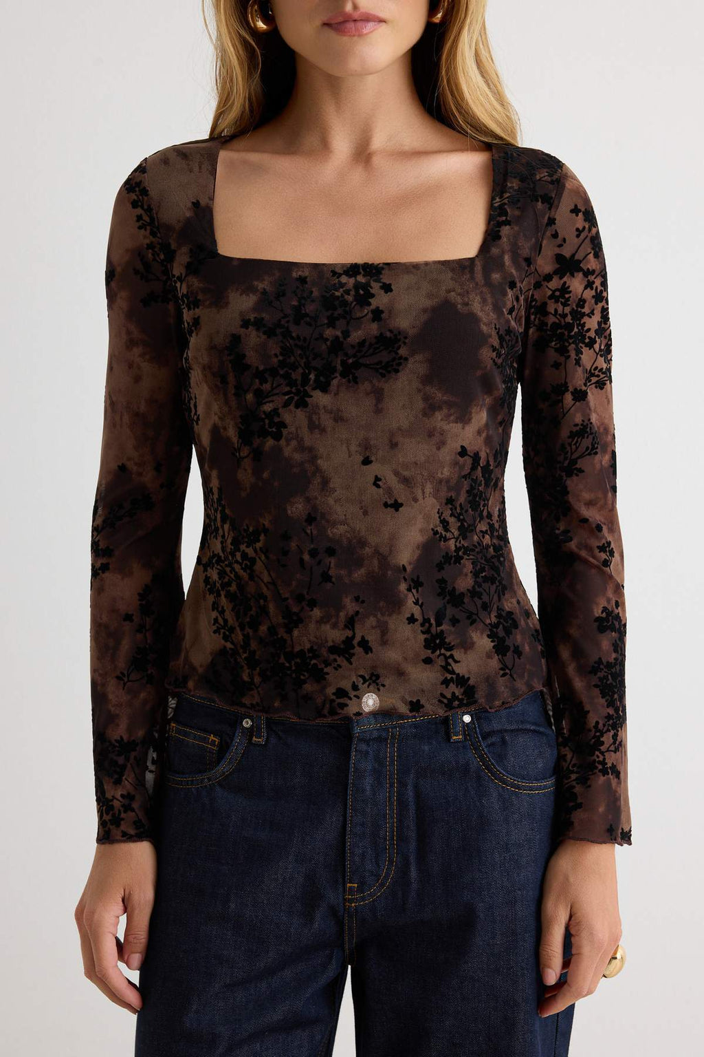 Square Neck Spanish Sleeve Fitted Mesh Blouse