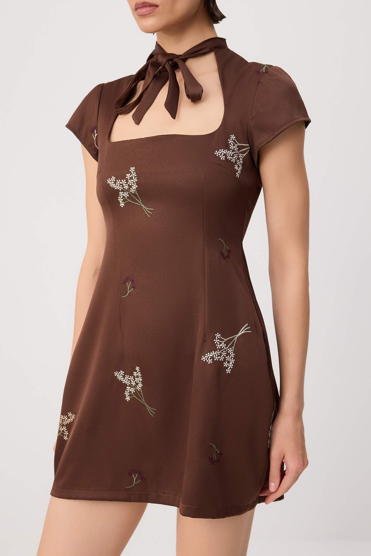 Square Neck Short Sleeve Embroidered Tie Detail A-Line Mini Dress