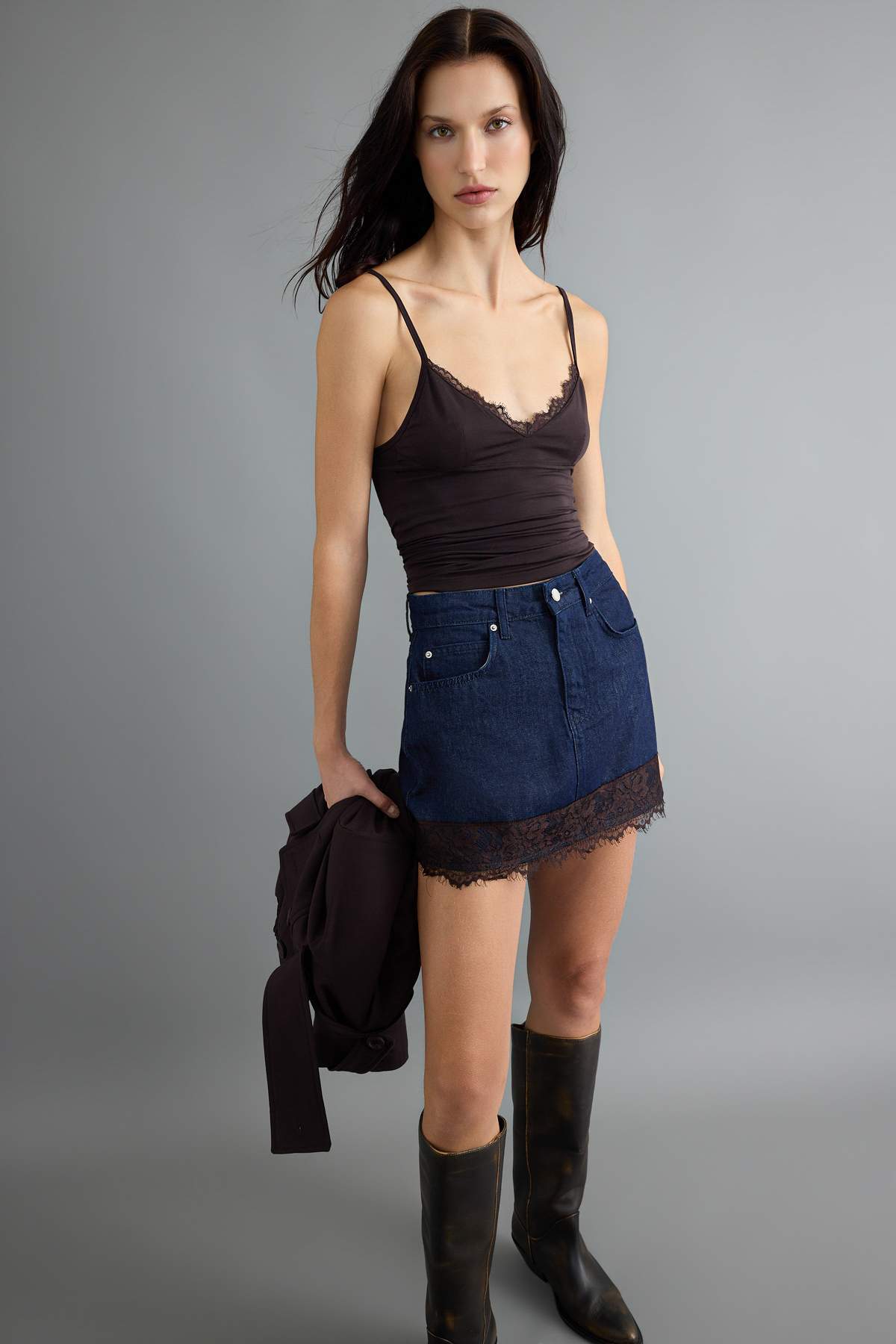 Lace Detail High Waist Mini Denim Skirt
