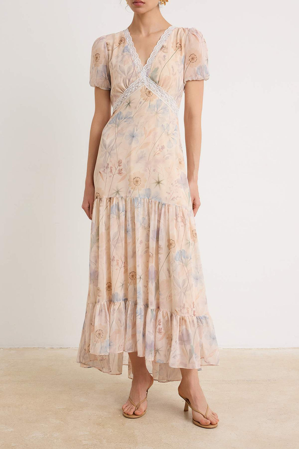 V Neck Balloon Sleeve Skater Maxi Dress