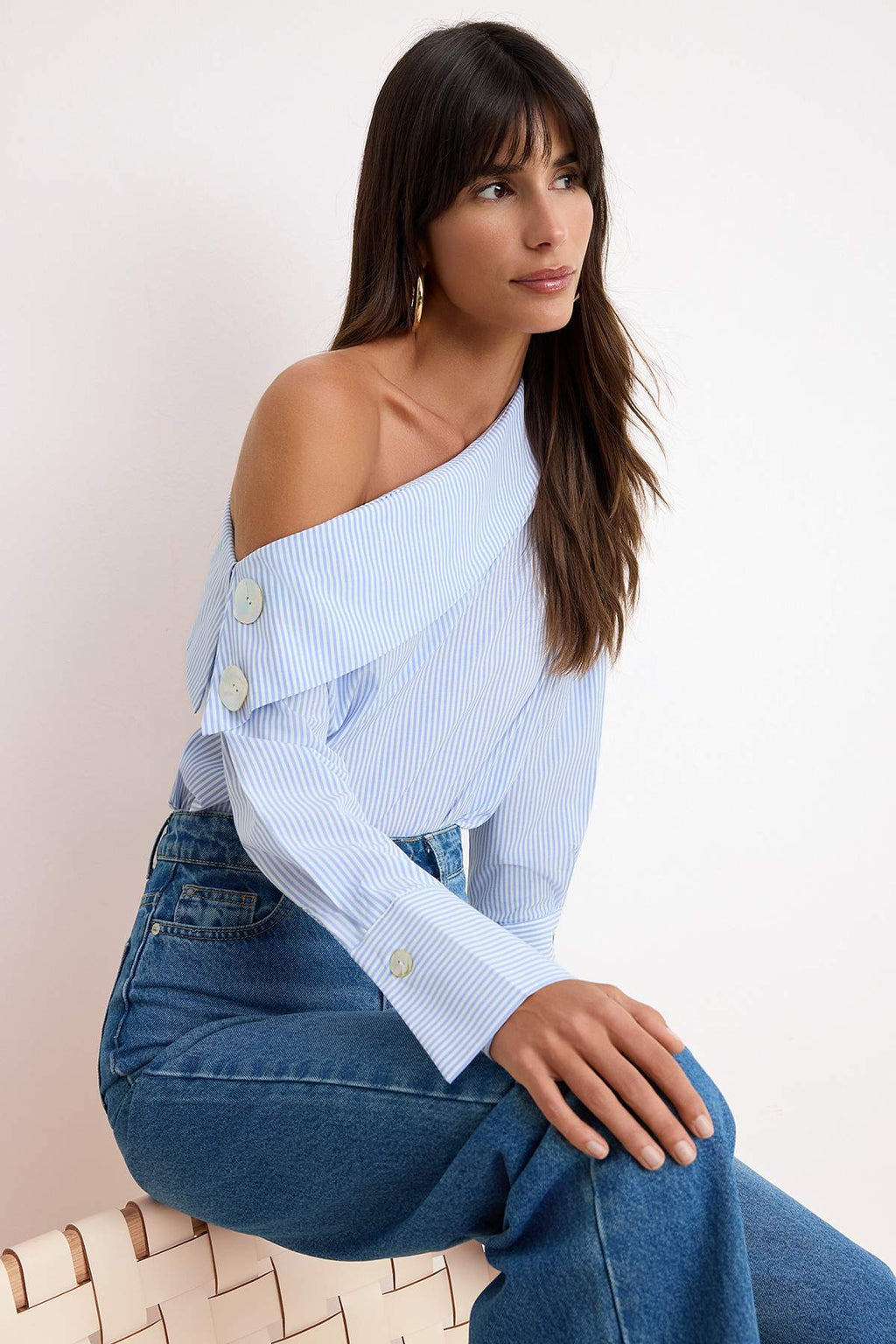 Asymmetric Neck Long Sleeve Woven Blouse