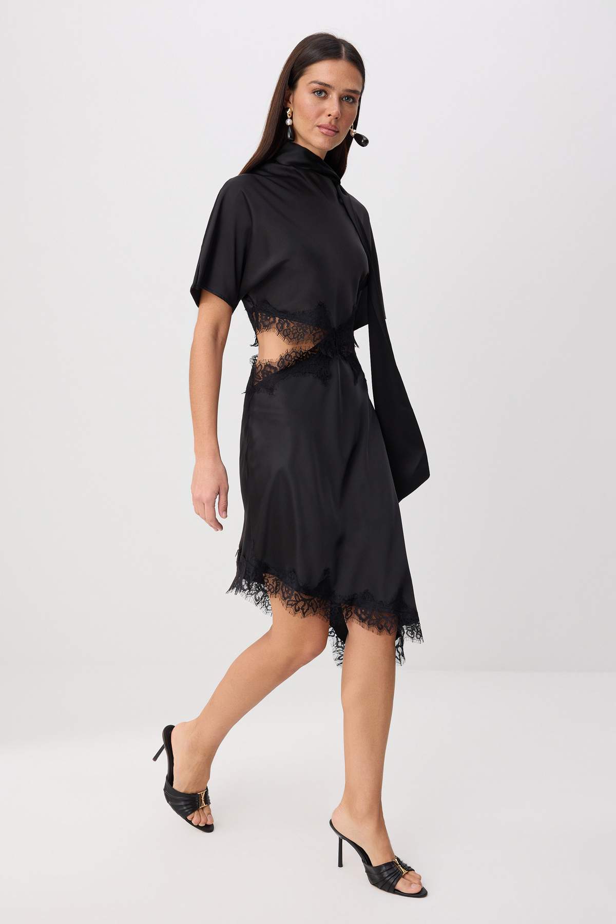 Lace Detail Asymmetric Hem Midi Satin Dress