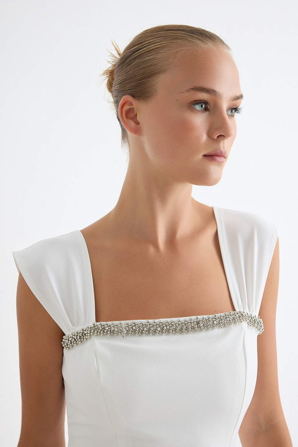 Square Neck Stone Embellished Short Sleeve A-Line Mini Dress