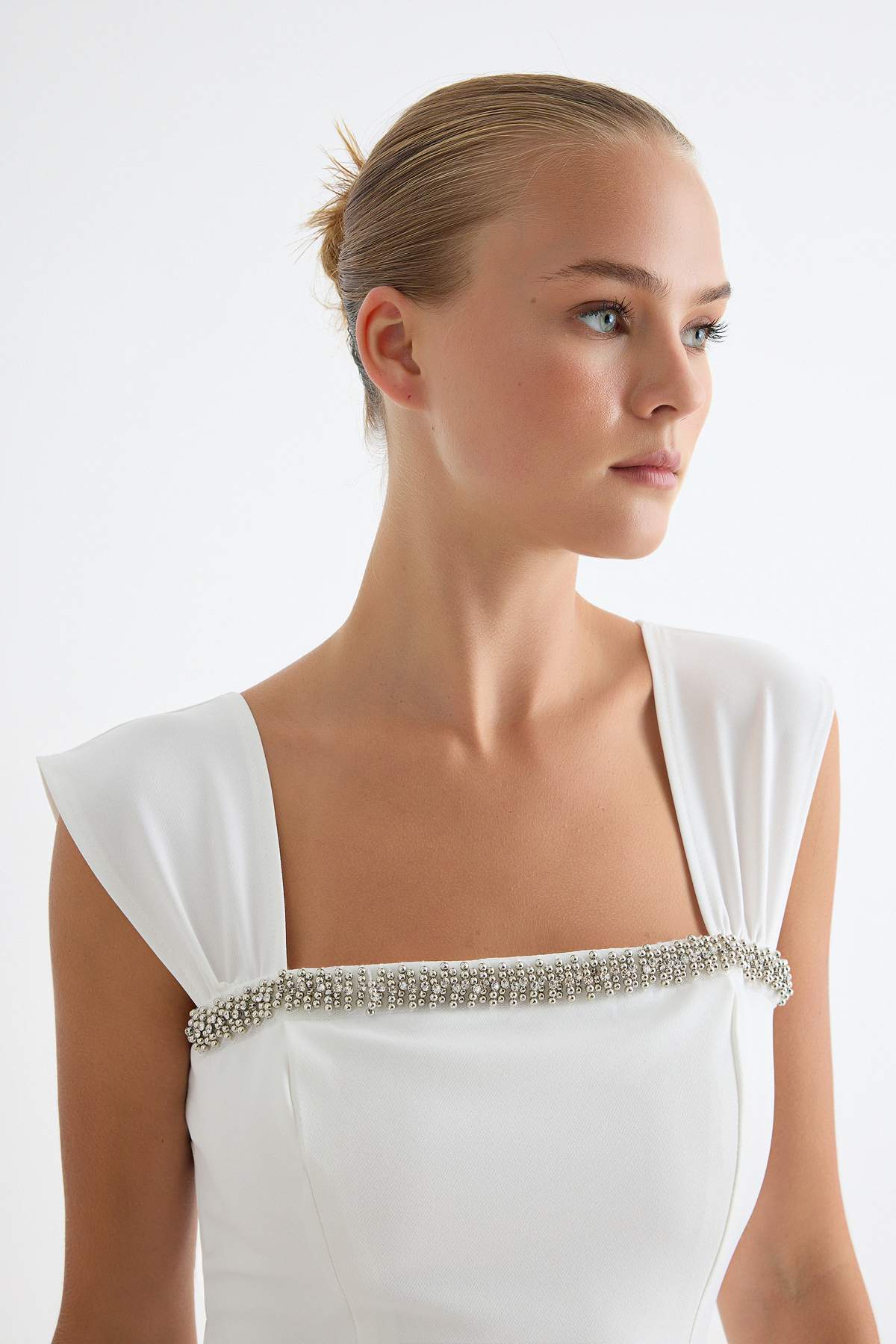 Square Neck Stone Embellished Short Sleeve A-Line Mini Dress