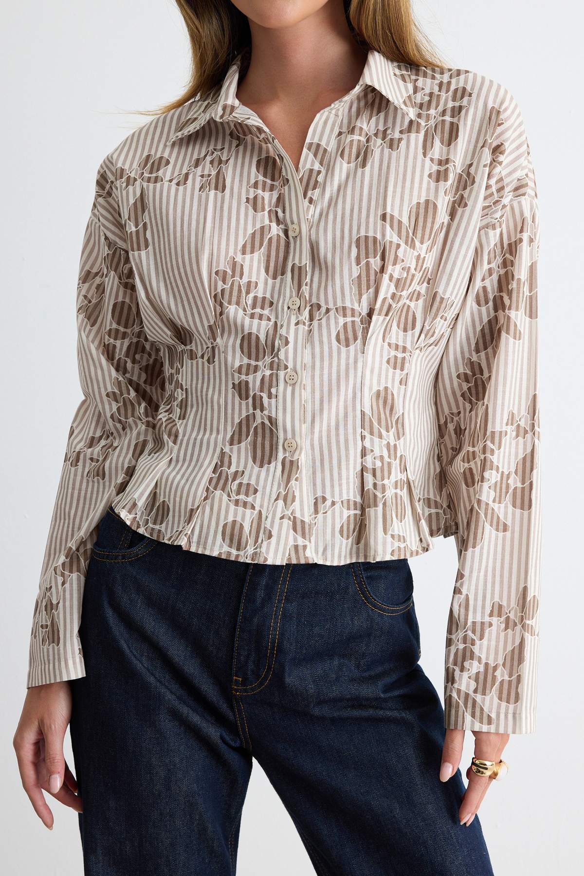 Pleated Flared Collar Long Sleeve Shirt