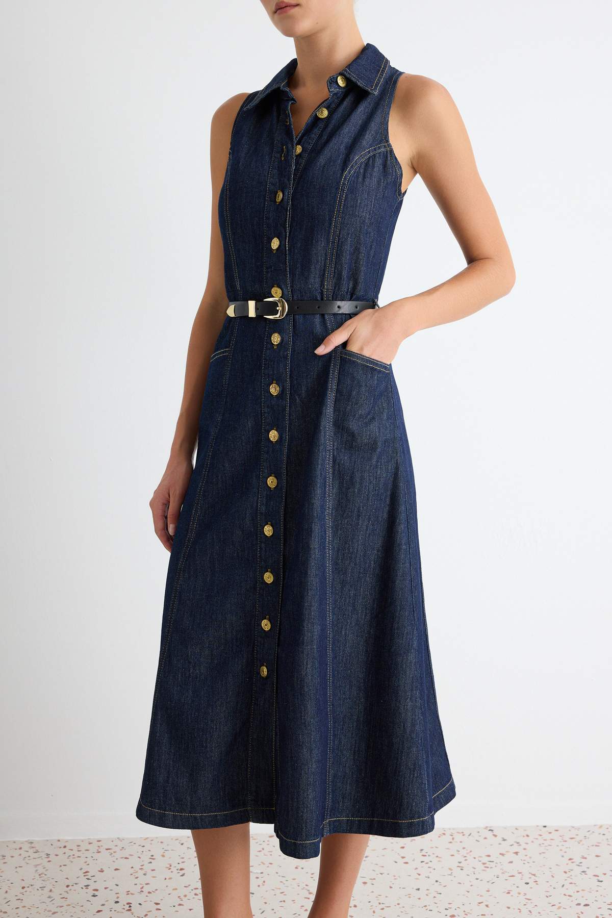 Halter Neck Sleeveless Midi Denim Dress