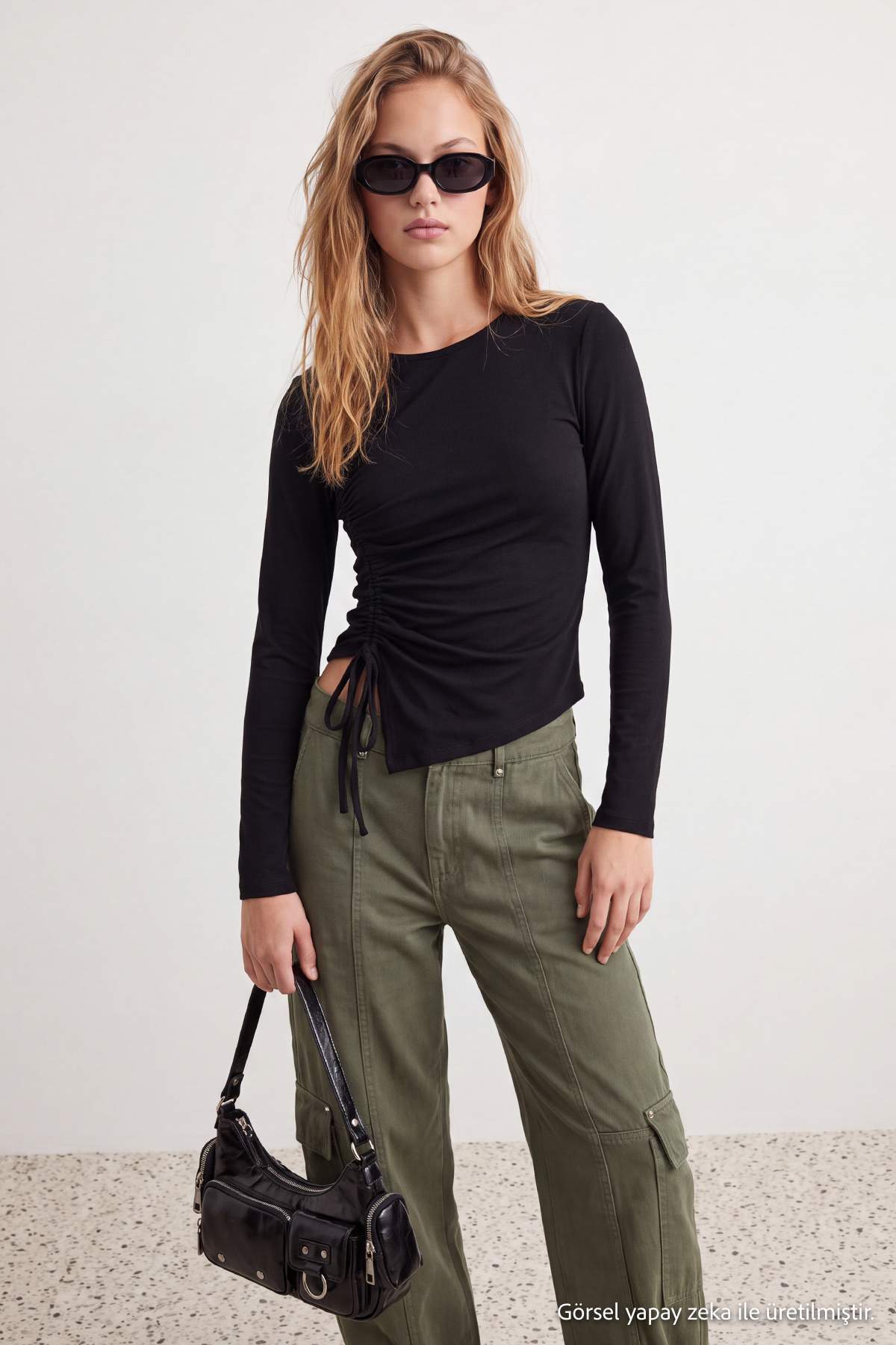 Crew Neck Gathered Crop Fitted Blouse