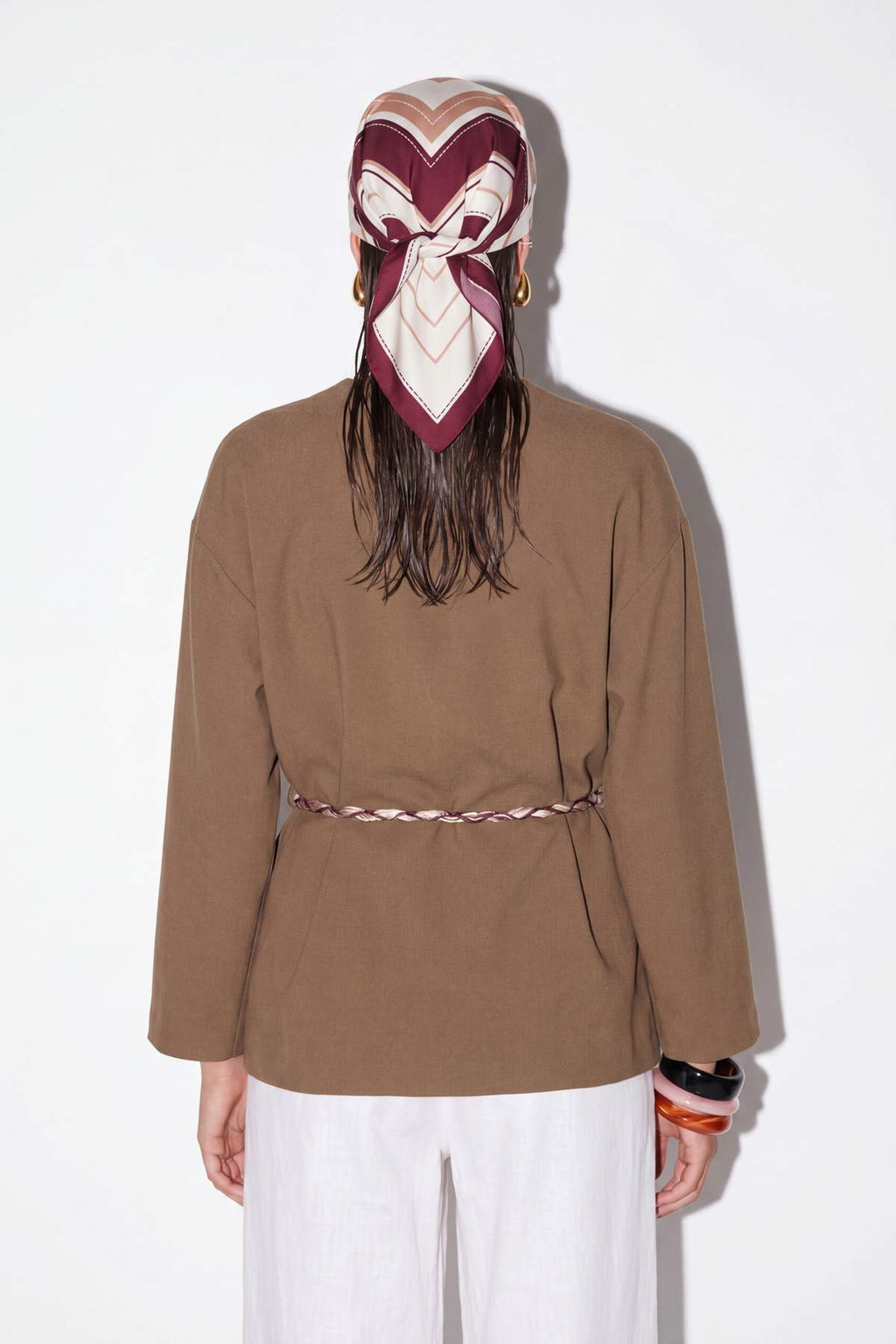 Collarless Belted Relaxed Fit Long Sleeve Jacket