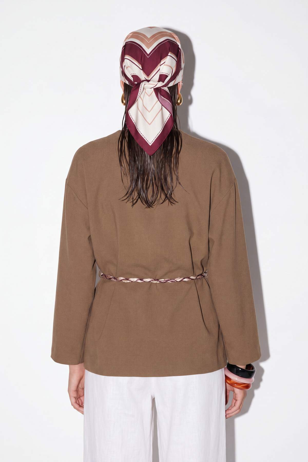 Collarless Belted Relaxed Fit Long Sleeve Jacket