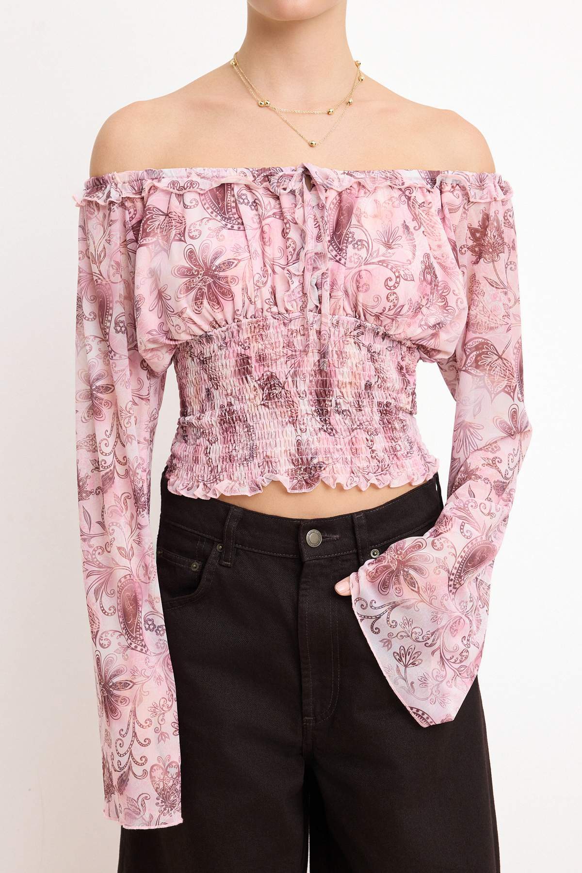 Pool Neck Spanish Sleeve Gathered Crop Mesh Top
