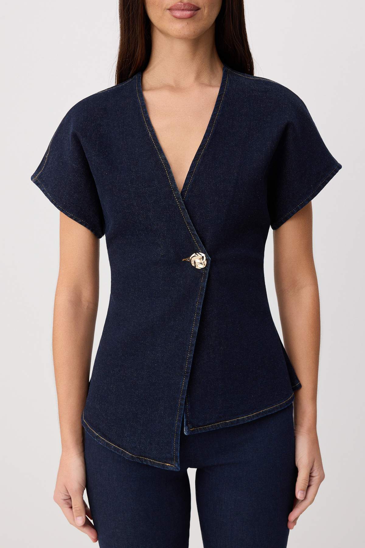 Button Detail V Neck Asymmetric Long Sleeve Blouse