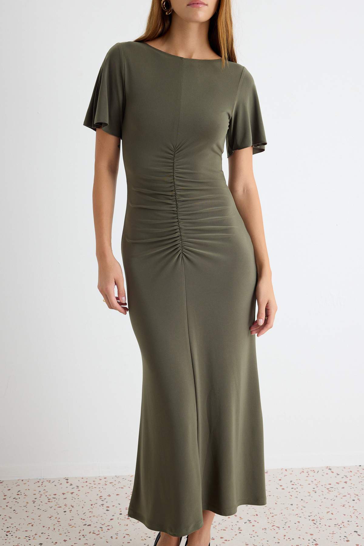 Boat Neck Short Sleeve Ruched Midi Bodycon Dress