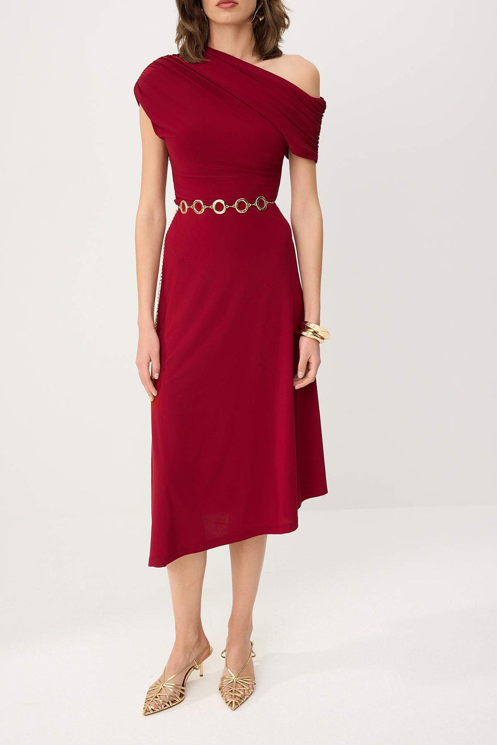 Off Shoulder Ruched Sleeve Chain Belt Midi Party Dress