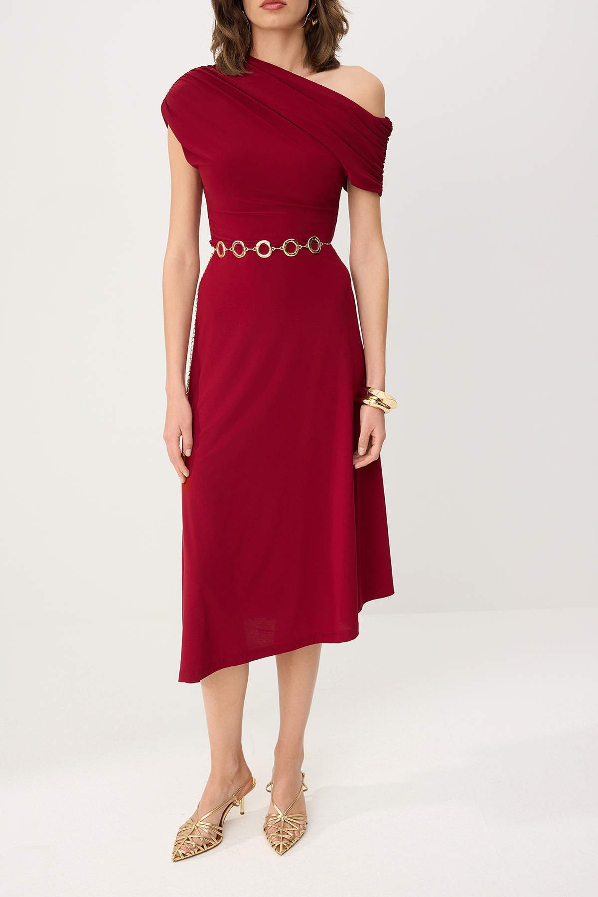 Off Shoulder Ruched Sleeve Chain Belt Midi Party Dress
