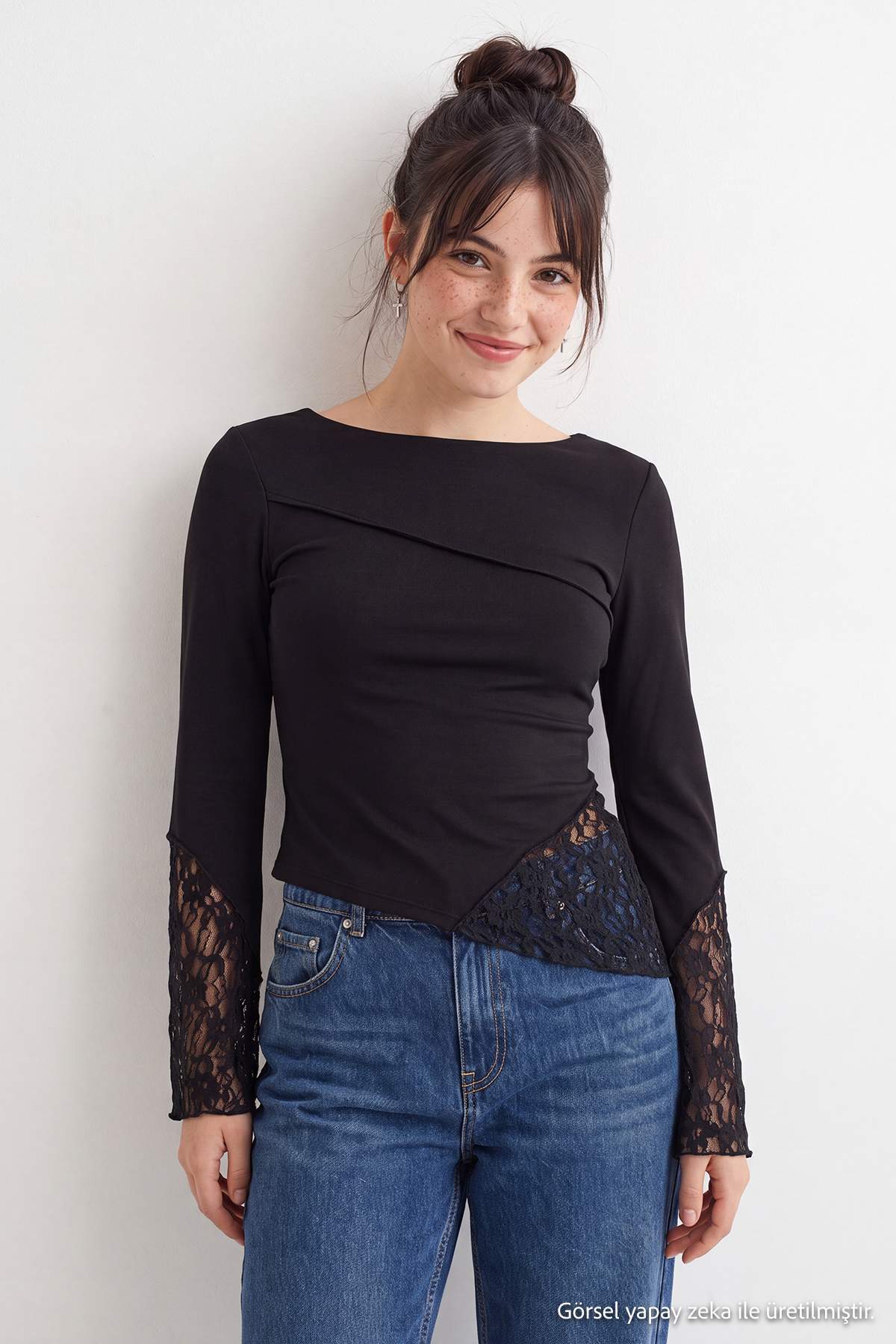 Boat Neck Spanish Sleeve Lace Detail Fitted Blouse