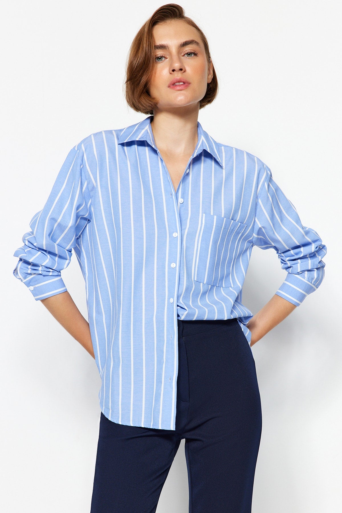 Oversized Single Pocket Long Sleeve Boyfriend Shirt