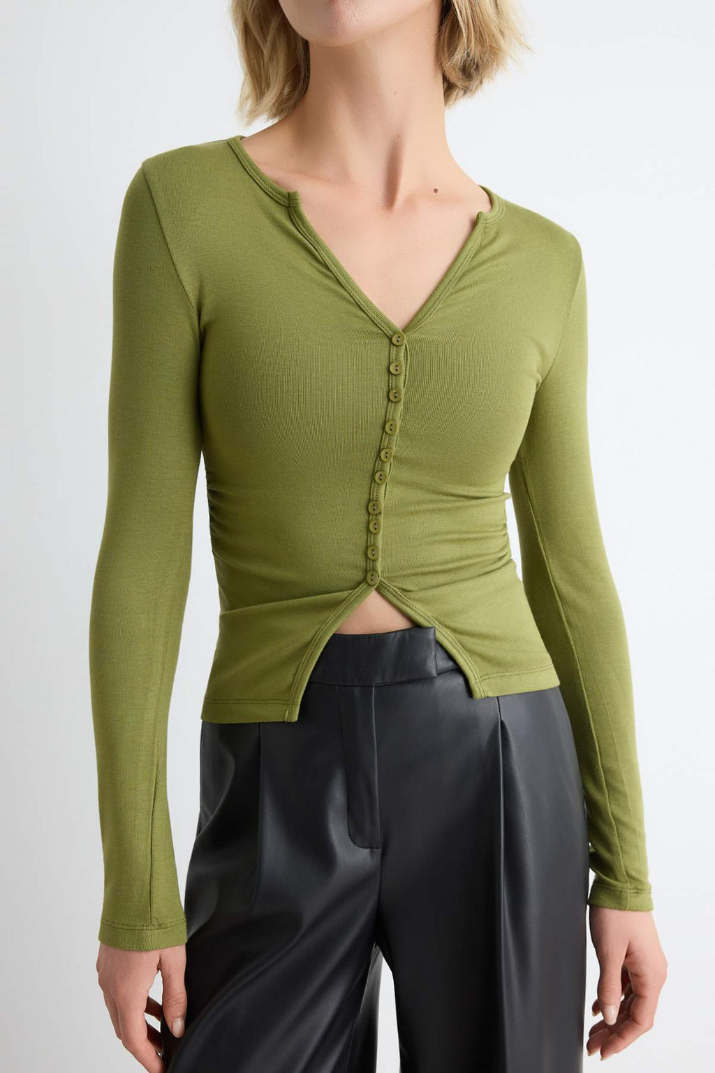 Fitted V Neck Button Front Long Sleeve Blouse