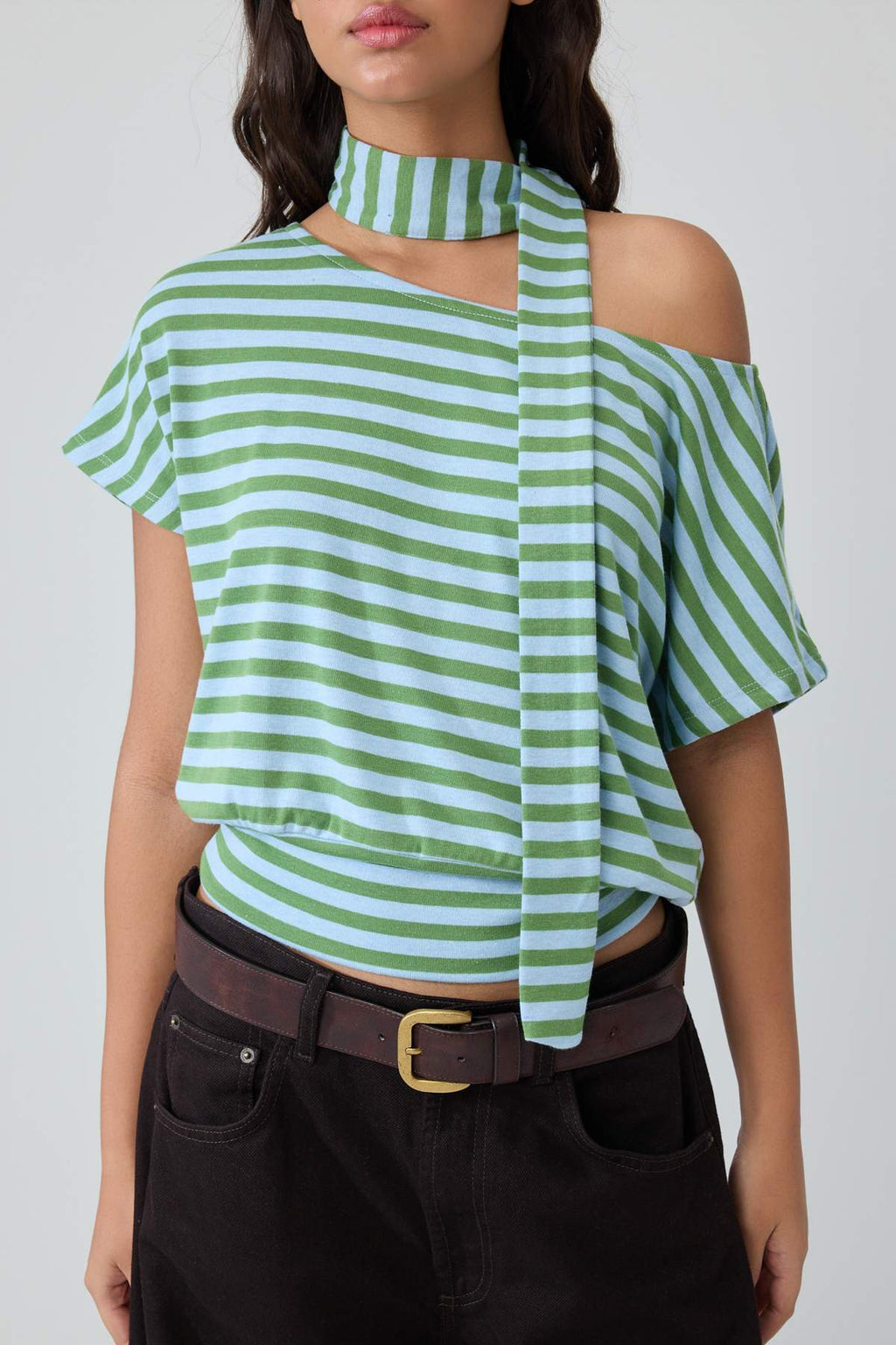 Batwing Sleeve Boat Neck Belted Knit Blouse