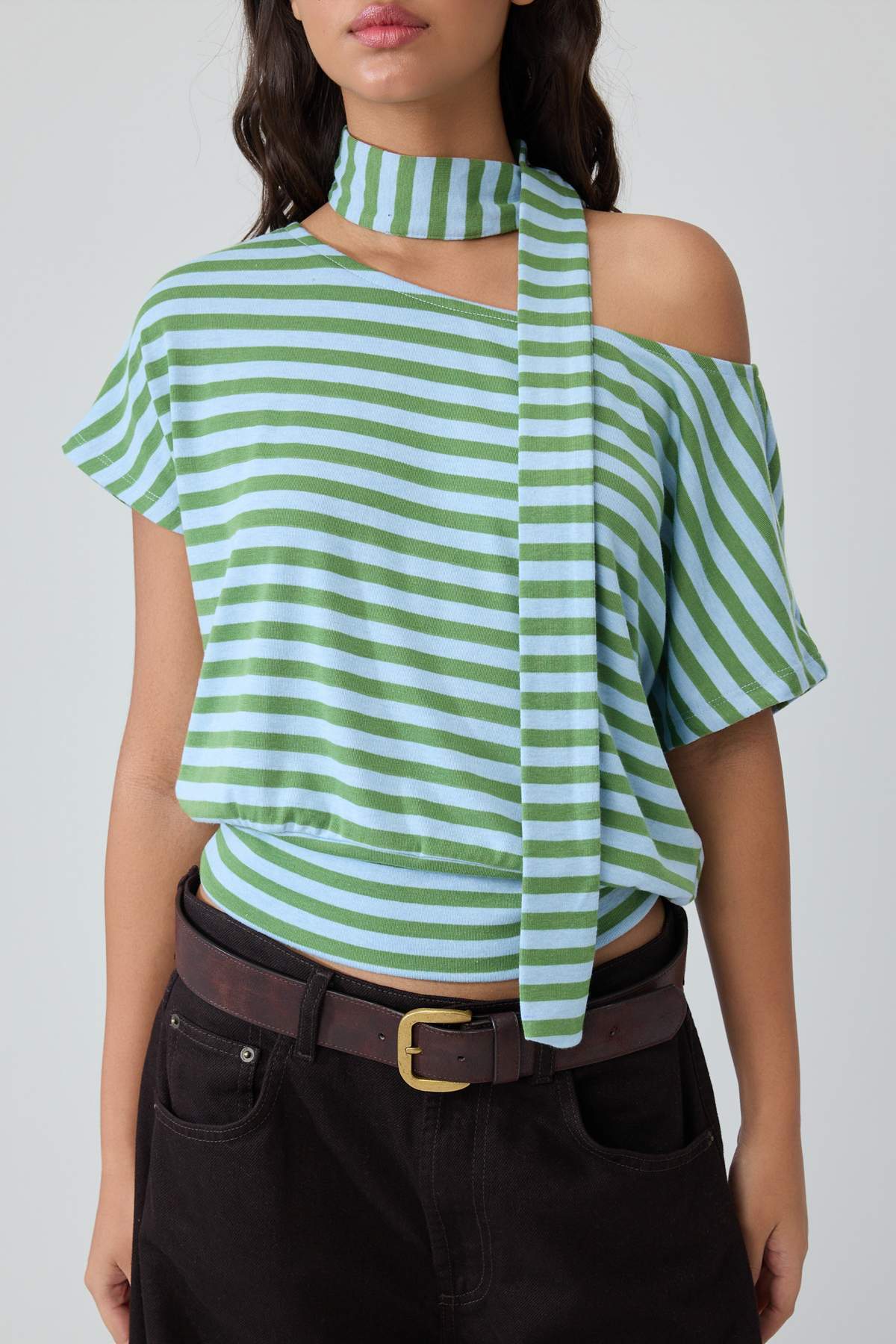 Batwing Sleeve Boat Neck Belted Knit Blouse