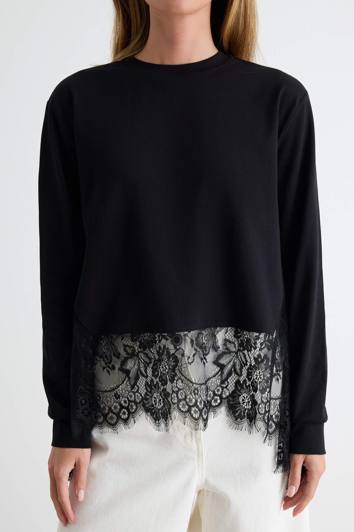 Lace Detail Regular Fit Drop Shoulder Long Sleeve Sweatshirt
