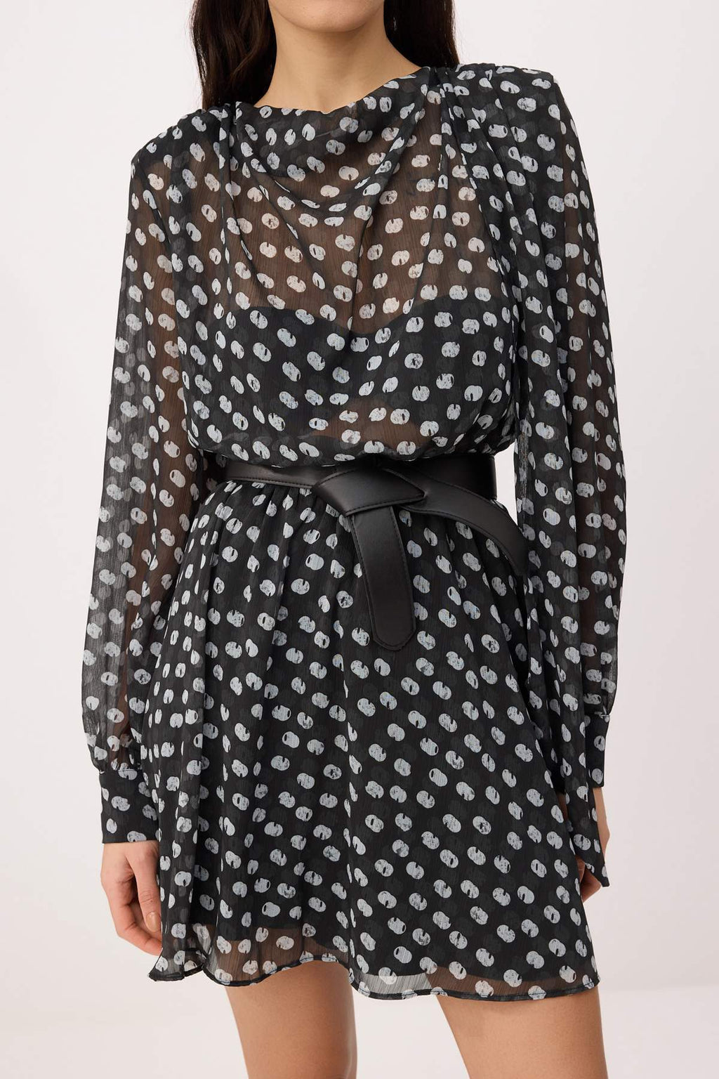 Fular Neck Belted Long Sleeve Skater Mini Dress