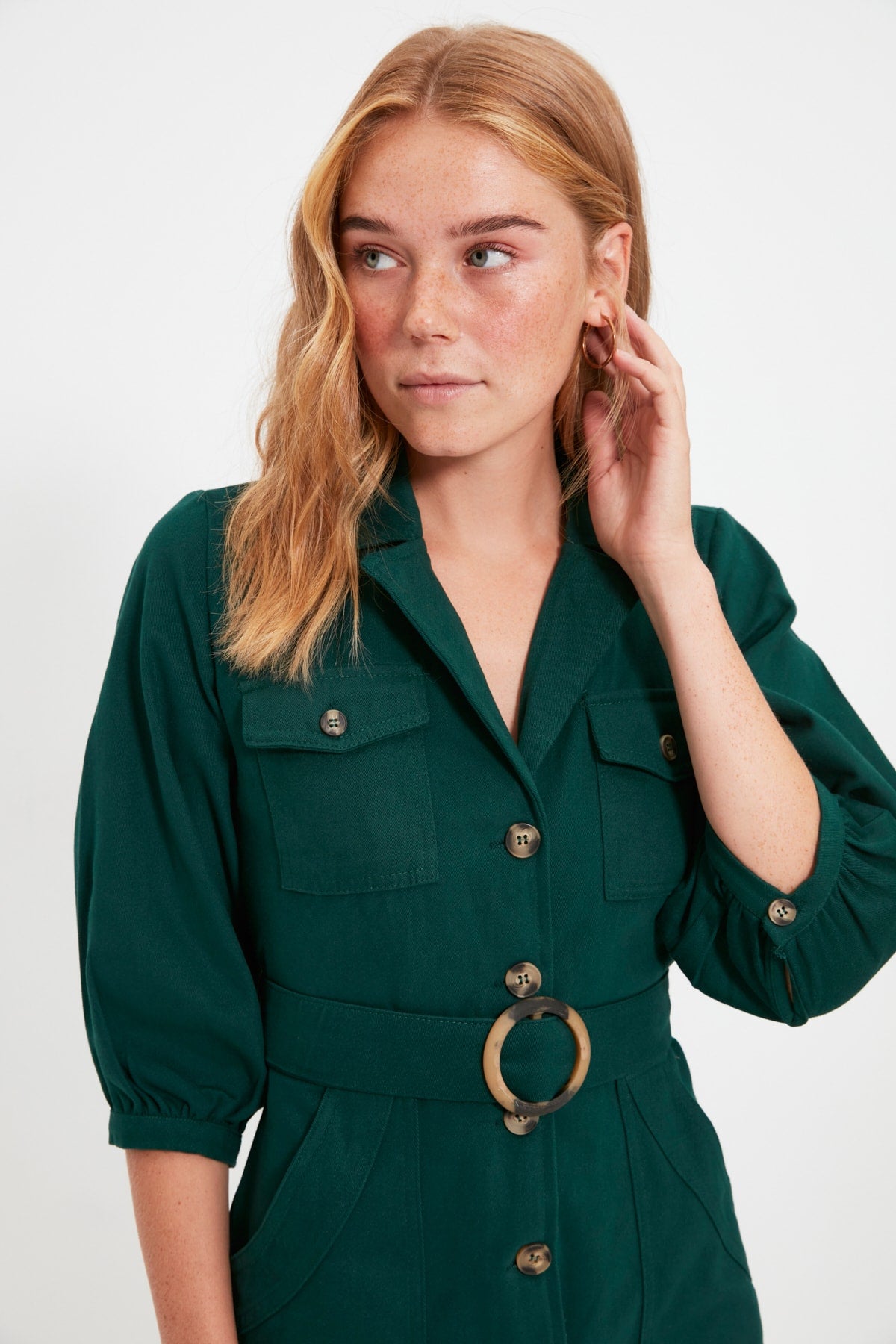 Belted Button Detail Long Sleeve Mini Shirt Dress