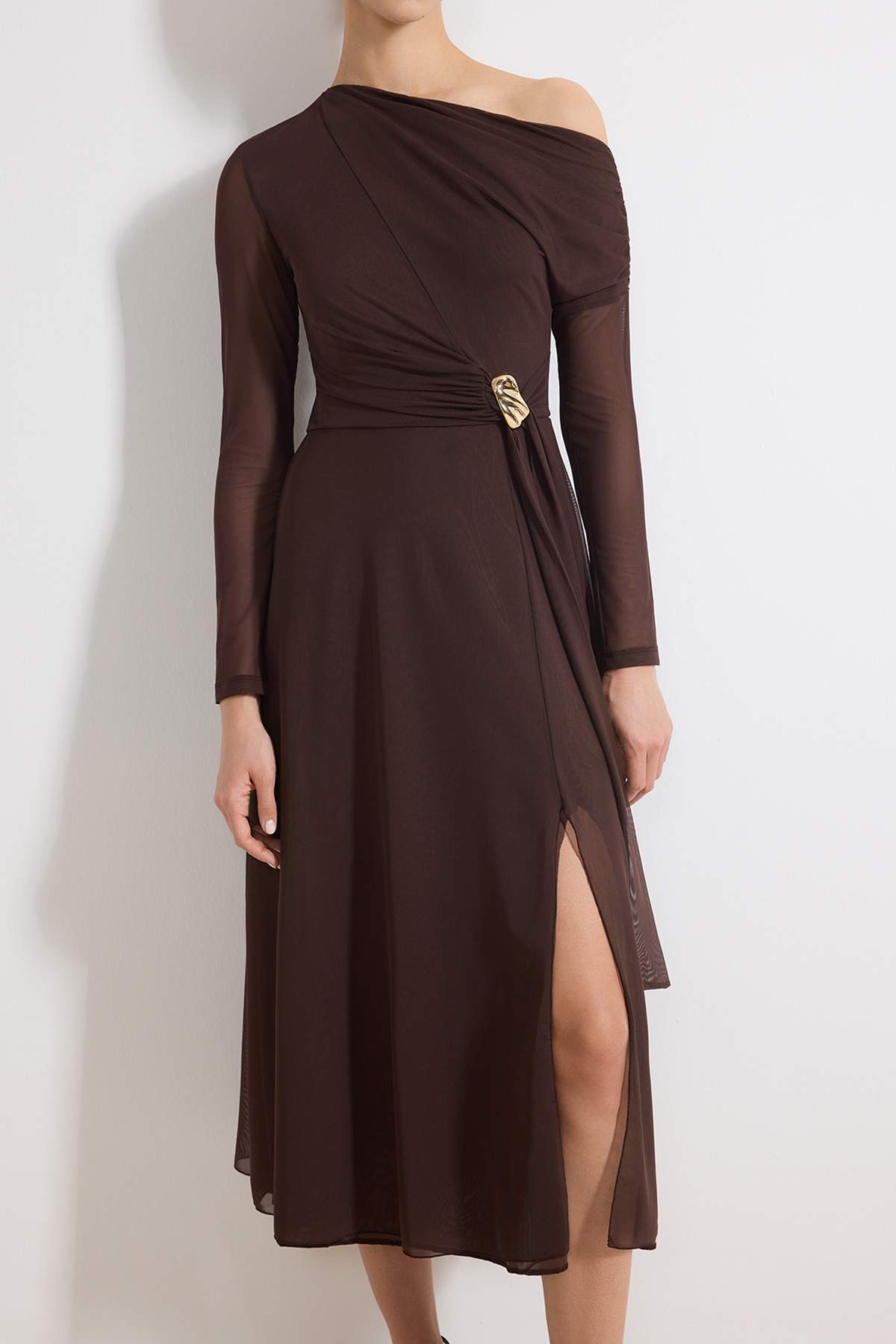 Asymmetric Neck Accessory Detail Tulle Overlay Long Sleeve Maxi Dress