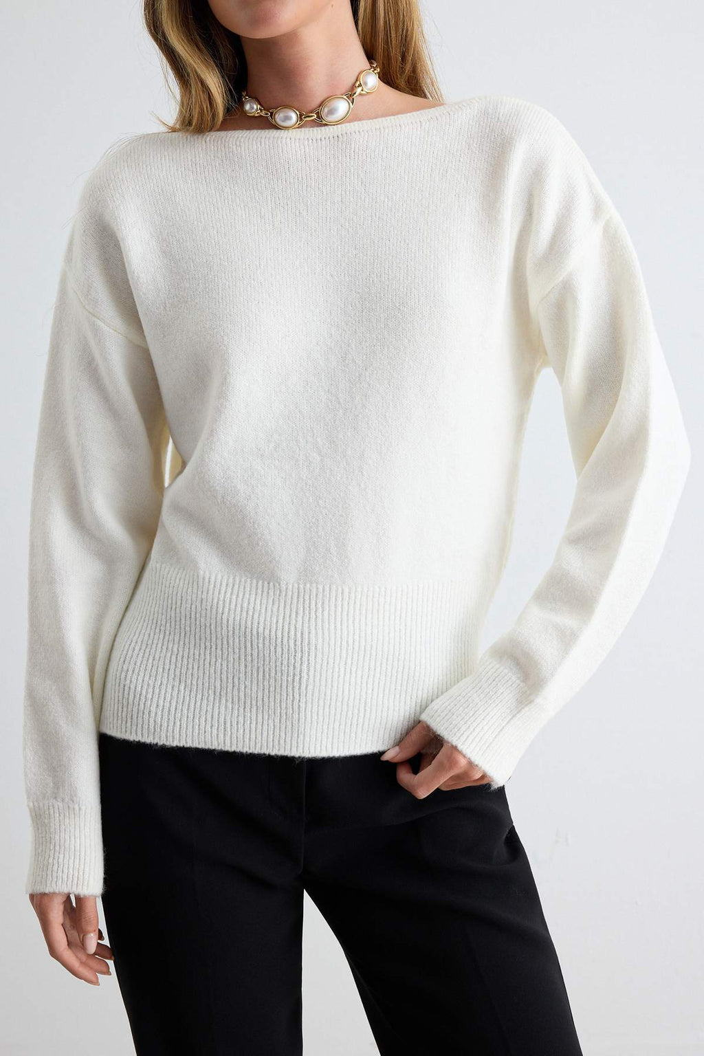 Soft Touch Back Lace Detail Boat Neck Long Sleeve Knitwear