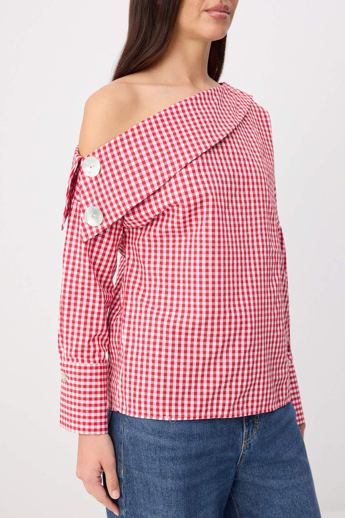 Asymmetric Neck Long Sleeve Woven Blouse