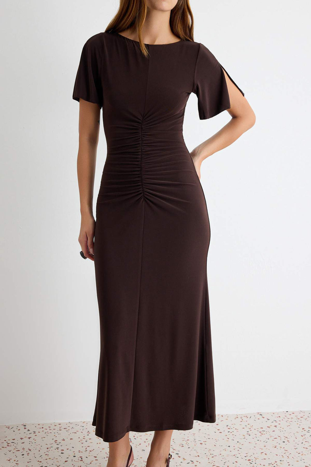 Boat Neck Short Sleeve Ruched Midi Bodycon Dress