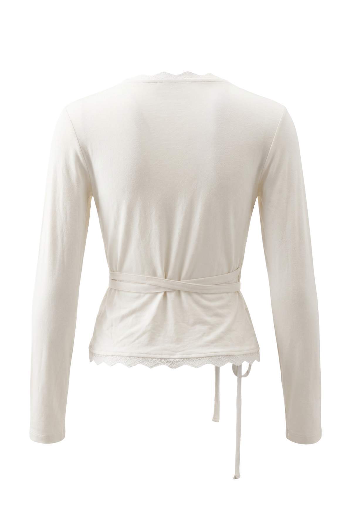 Fitted Wrap Neckline Long Sleeve Lace Detail Crop Blouse