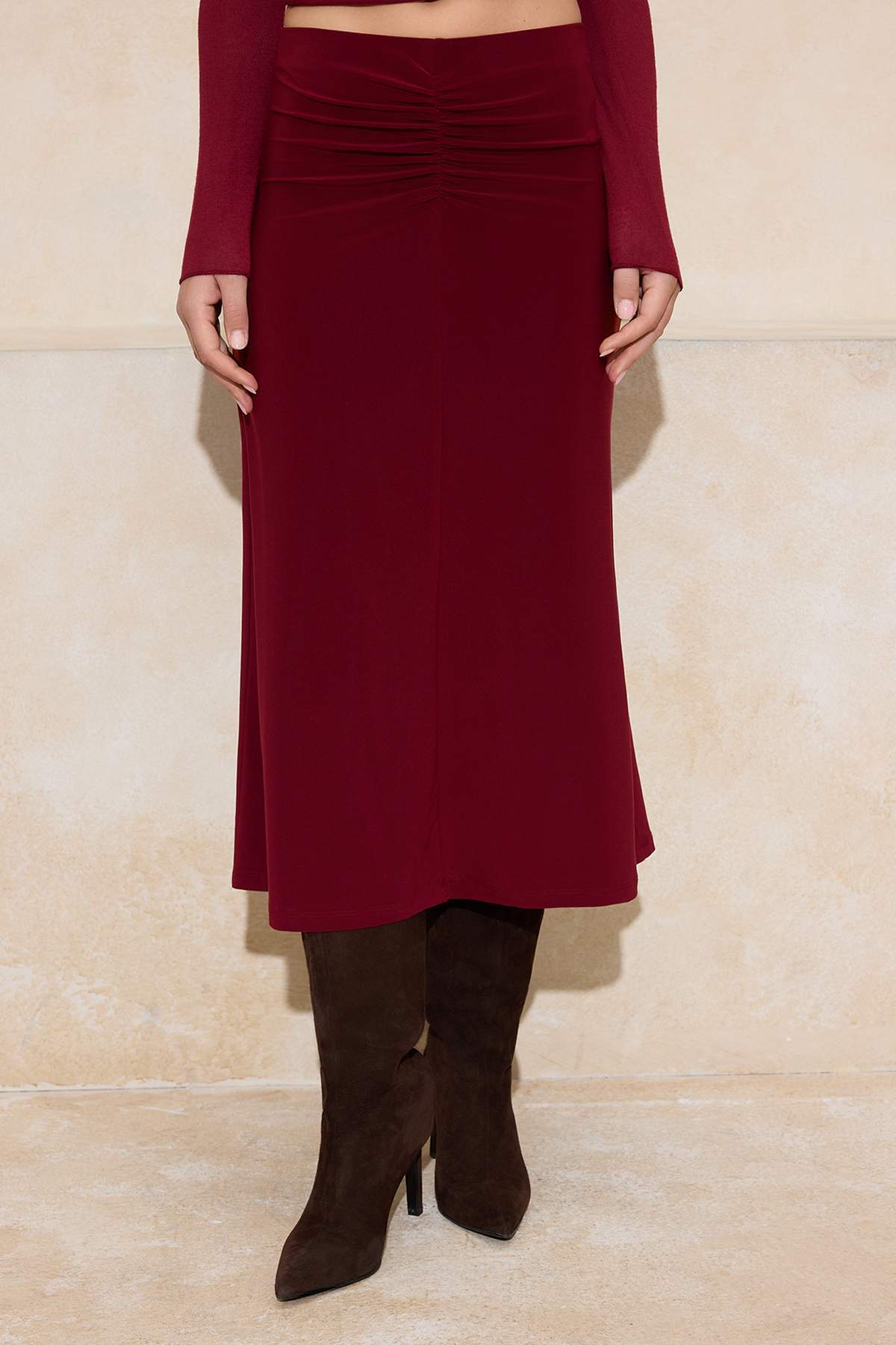 A-Line Ruched Normal Waist Midi Skirt