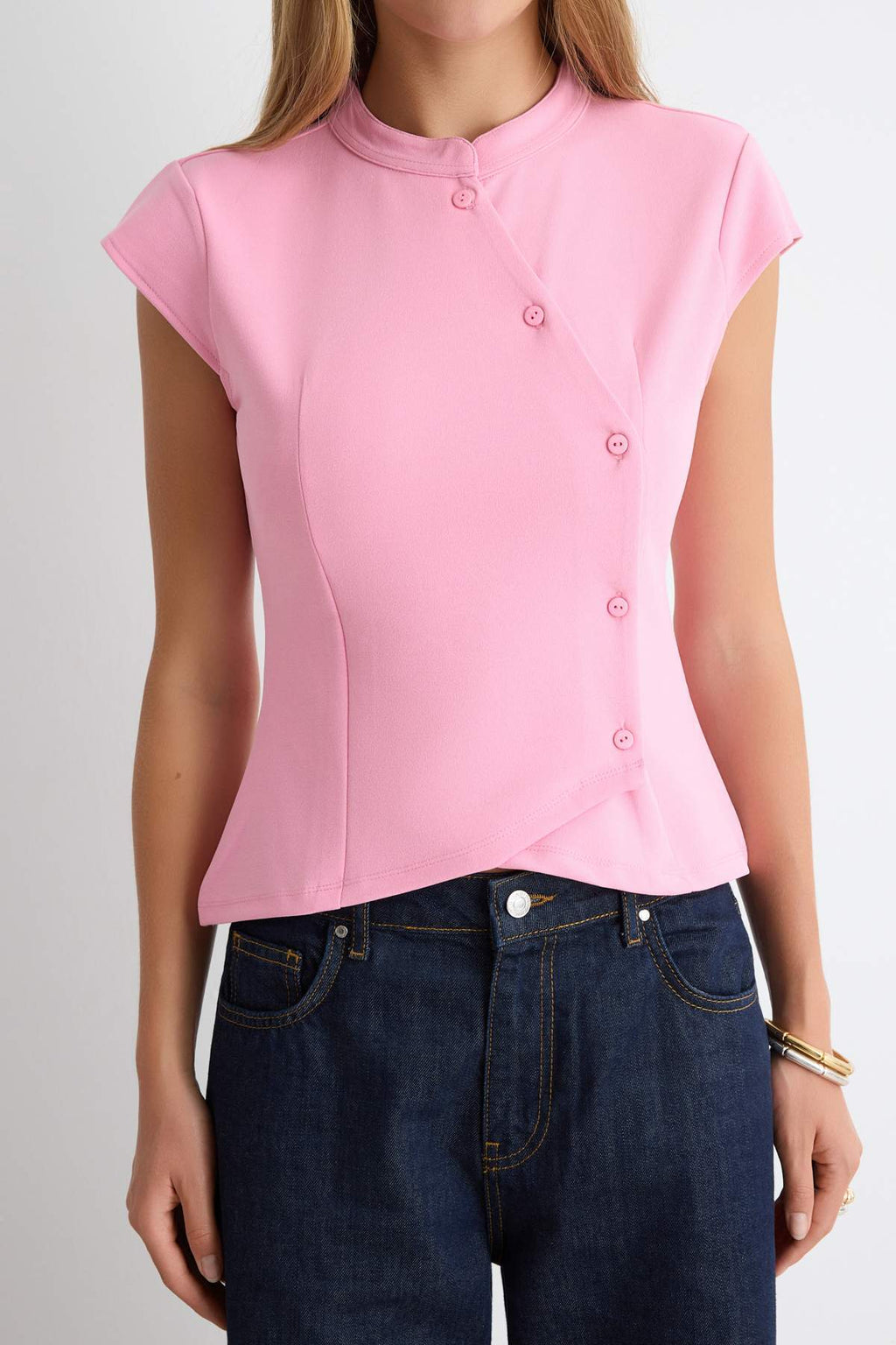 Fitted Mandarin Collar Bracelet Sleeve Button Detail Asymmetric Blouse