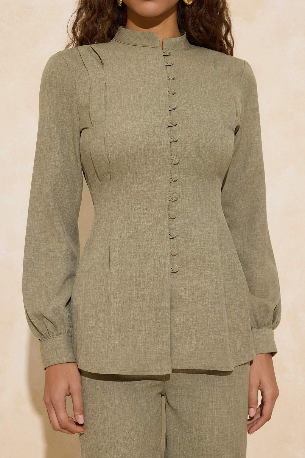 2-Piece Button Detail Long Sleeve Shirt and Wide Leg Trouser Co-ord