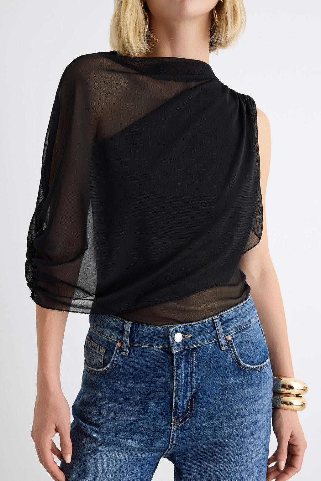 Asymmetric Neck Sleeveless Mesh Body