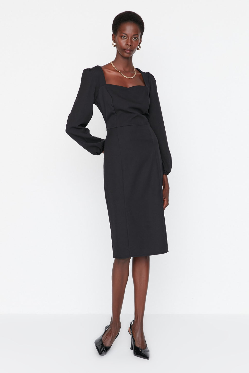 Sweetheart Neck Long Sleeve Bodycon Midi Dress