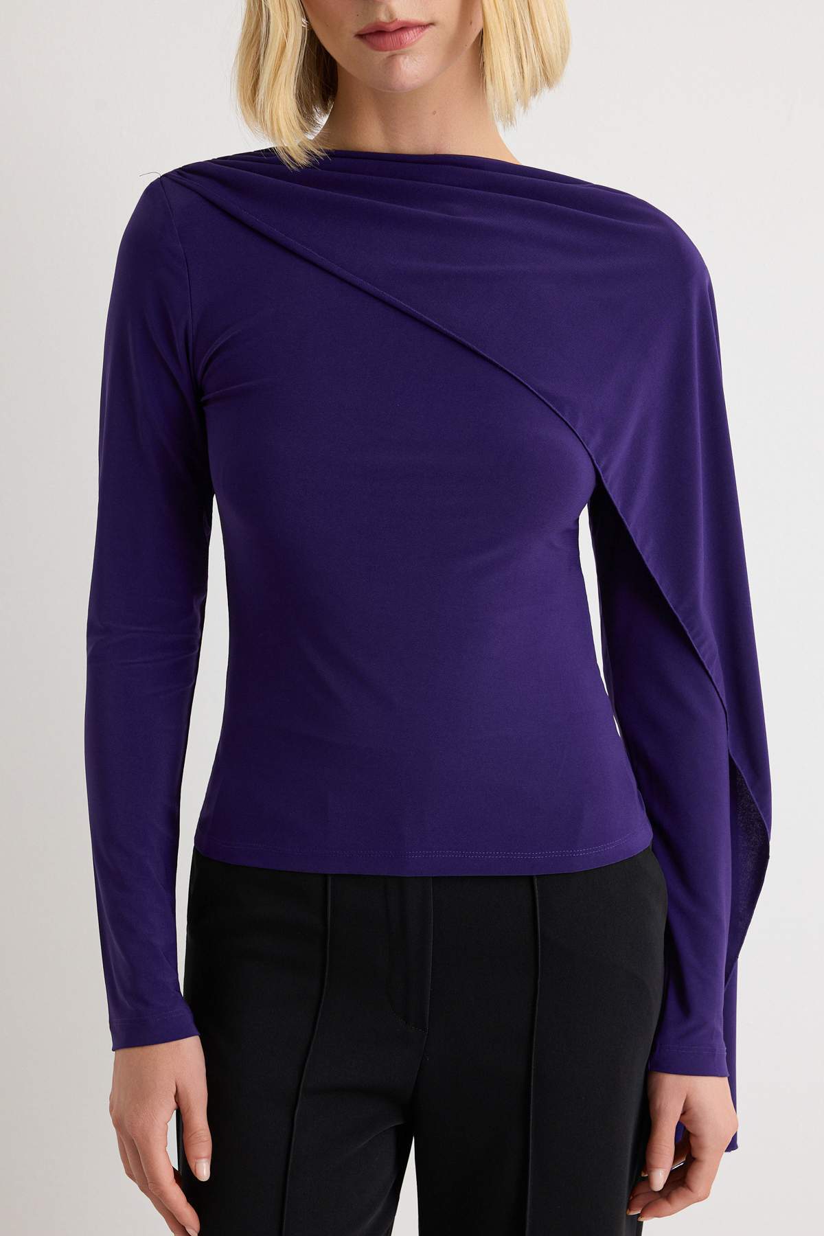 Fitted Boat Neck Cape Detail Long Sleeve Blouse