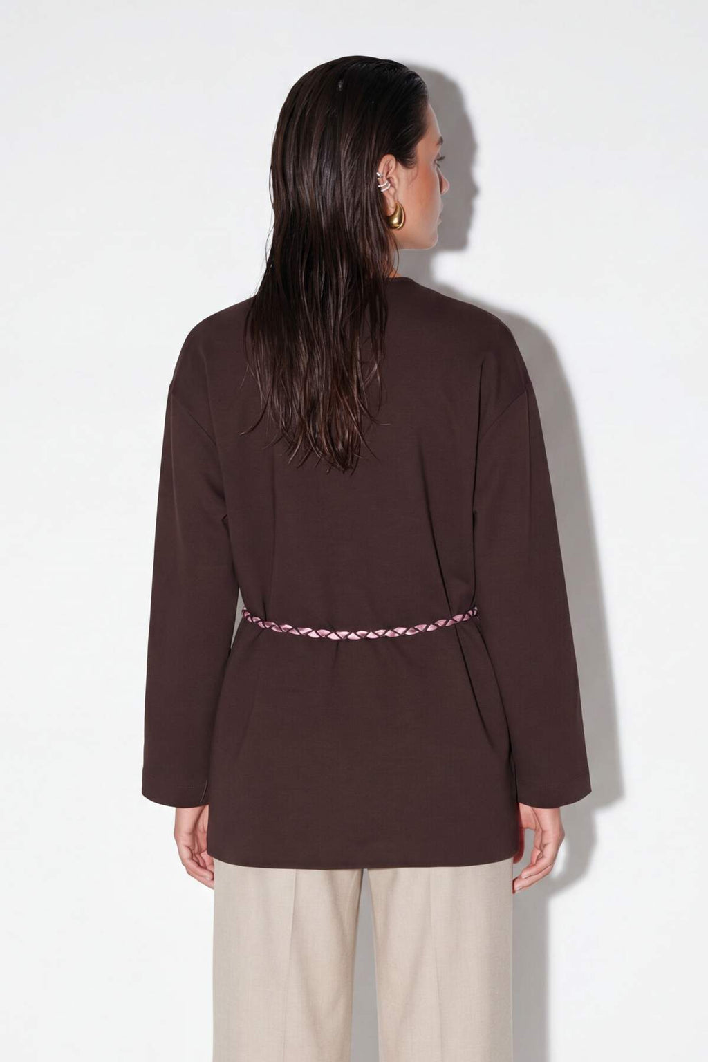 Collarless Belted Relaxed Fit Long Sleeve Jacket