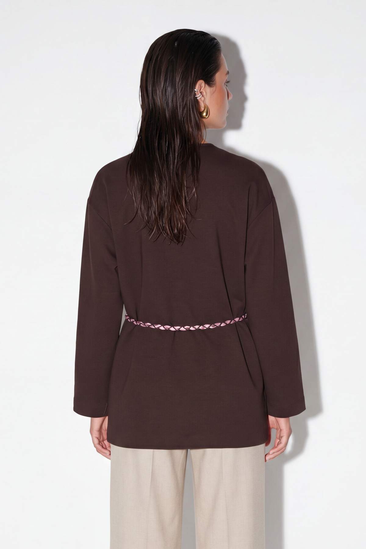 Collarless Belted Relaxed Fit Long Sleeve Jacket