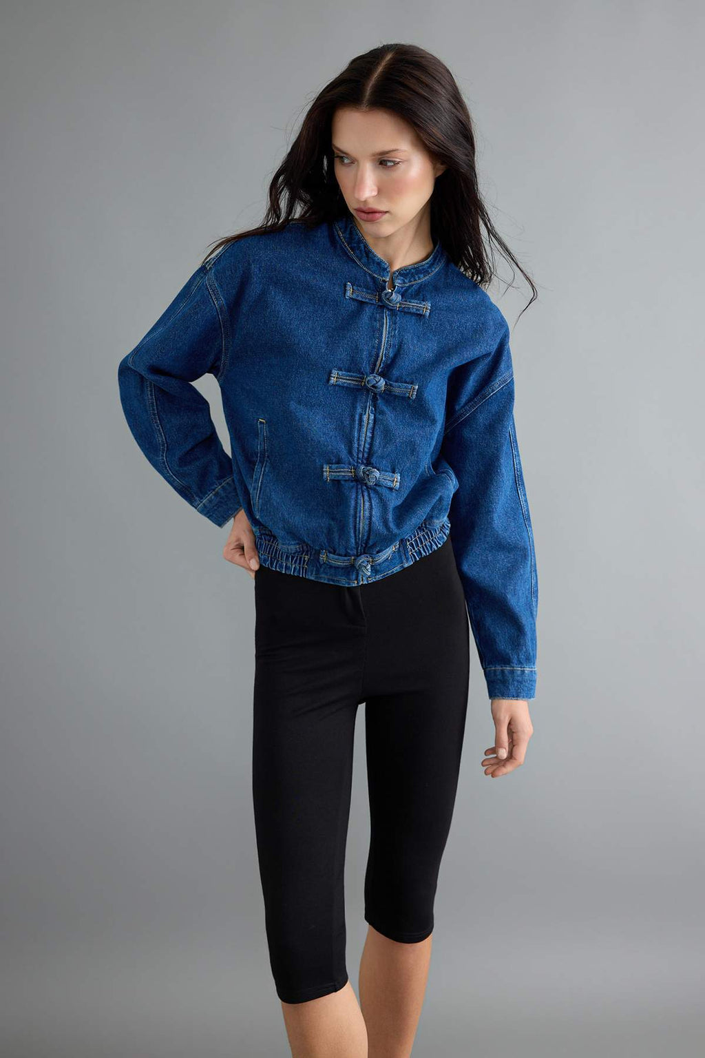 Button Detail Elasticated Waist Denim Jacket