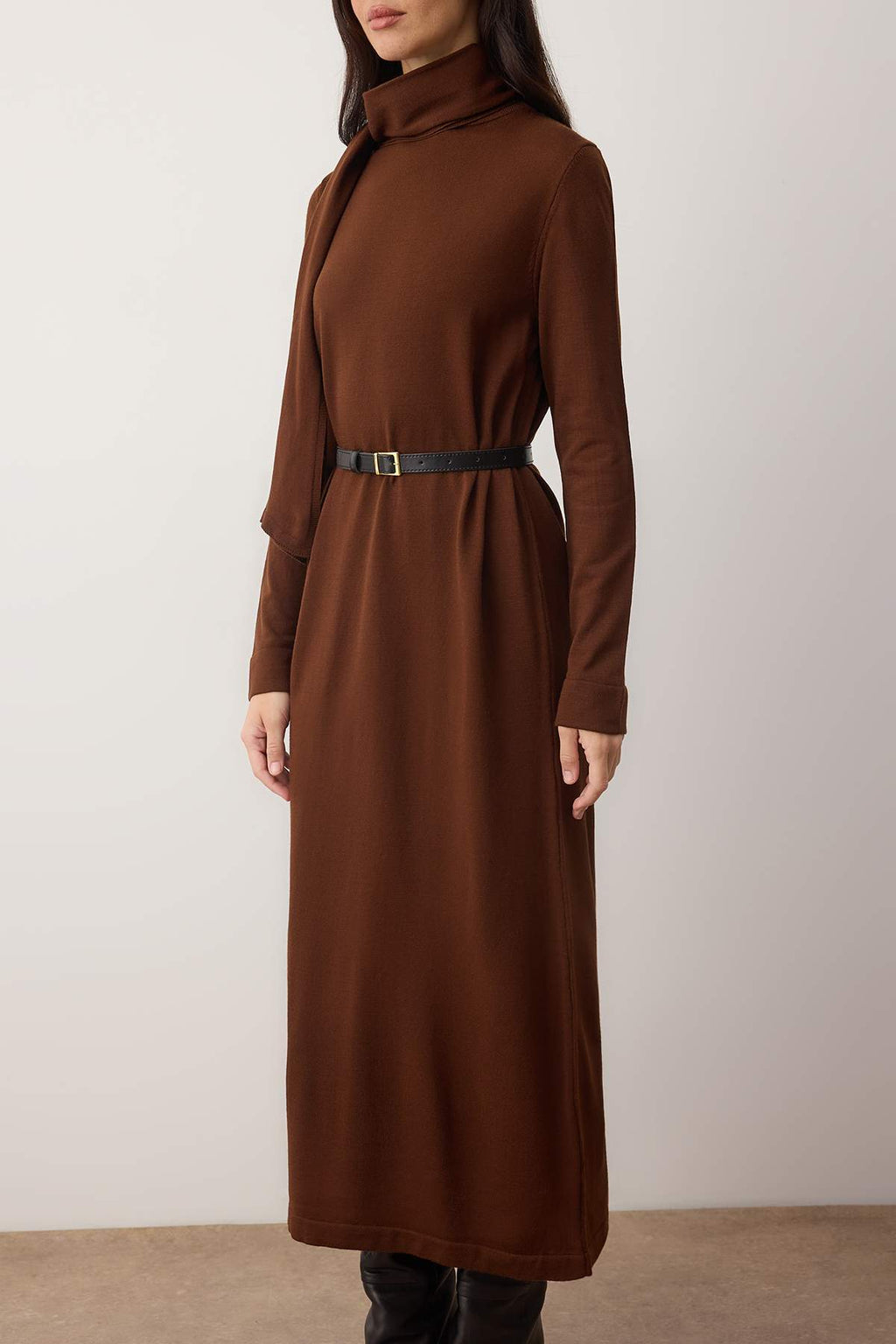 Shawl Collar Leather Belt Detail Long Sleeve Knit Maxi Dress