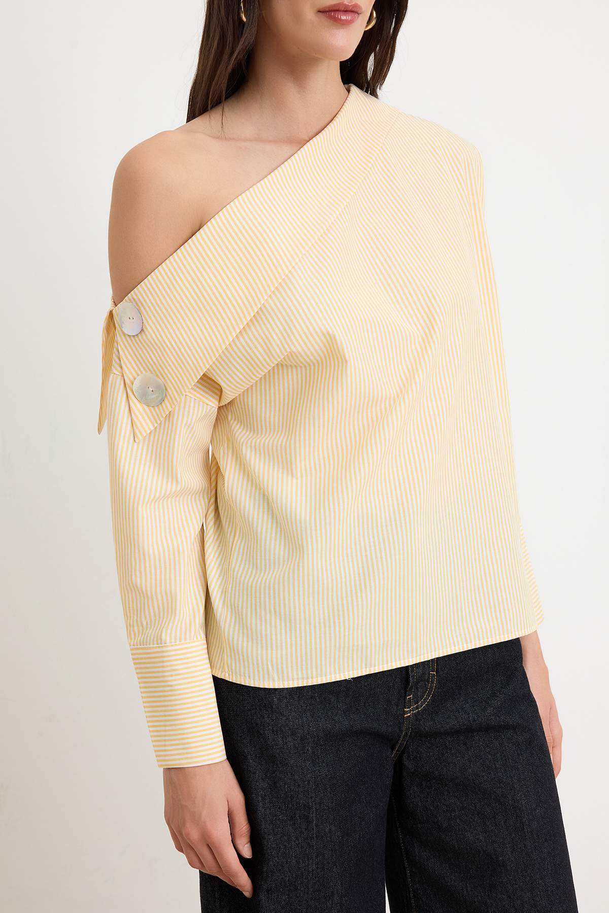 Asymmetric Neck Long Sleeve Woven Blouse