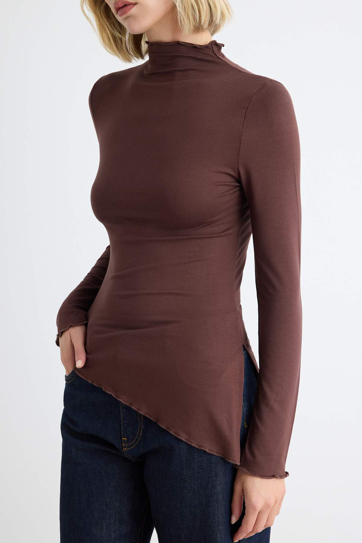 High Neck Asymmetric Long Sleeve Fitted Blouse