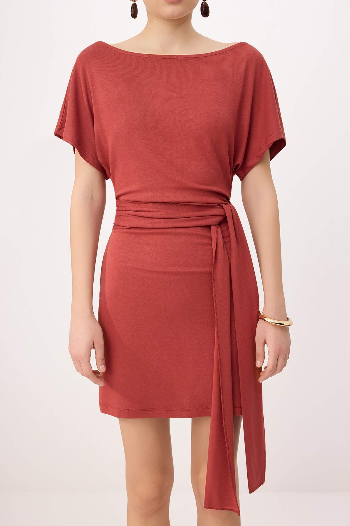 Bodycon Asymmetric Neck Tie Detail Short Sleeve Mini Dress