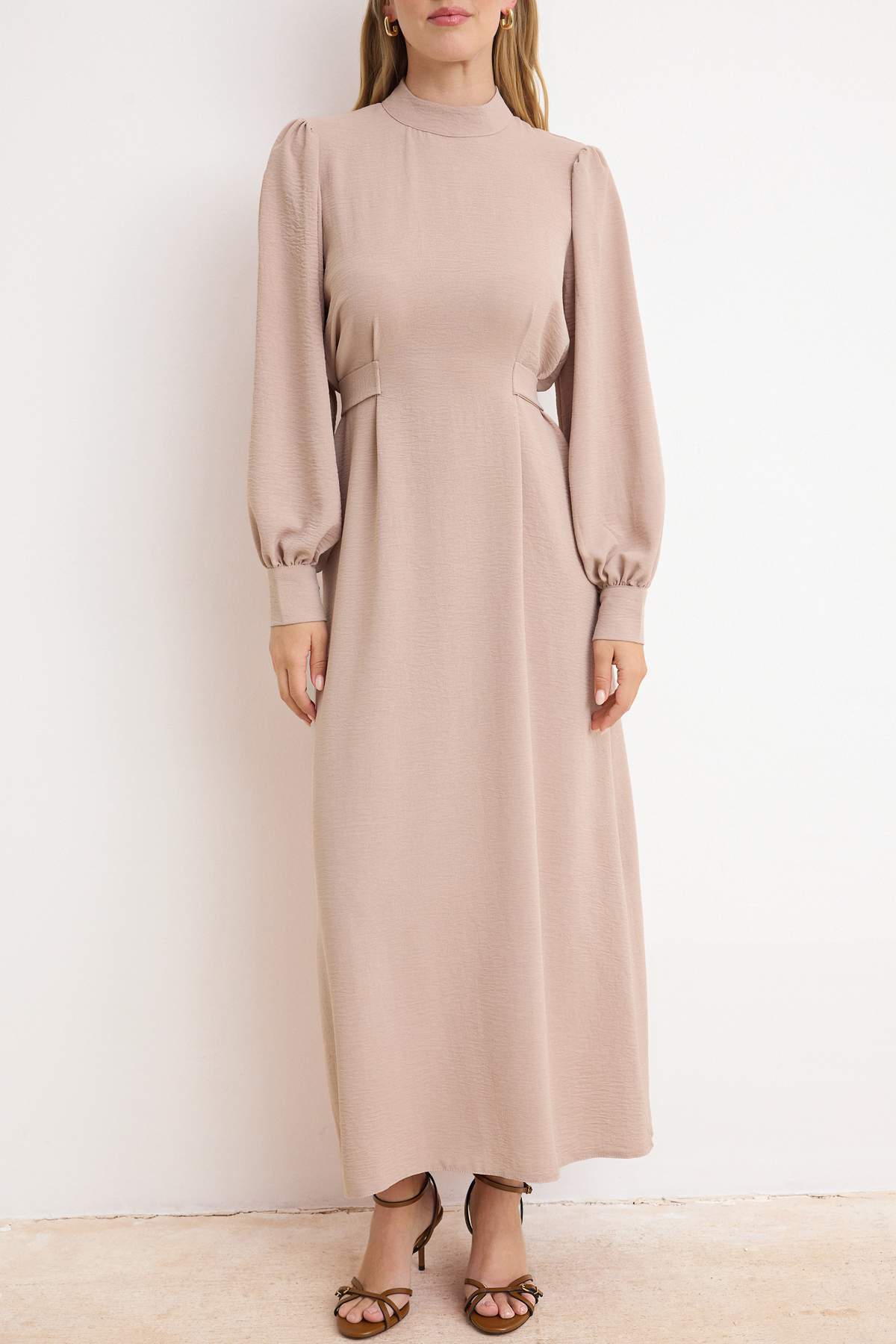 Stand Collar Balloon Sleeve Back Tie Detail Midi Dress