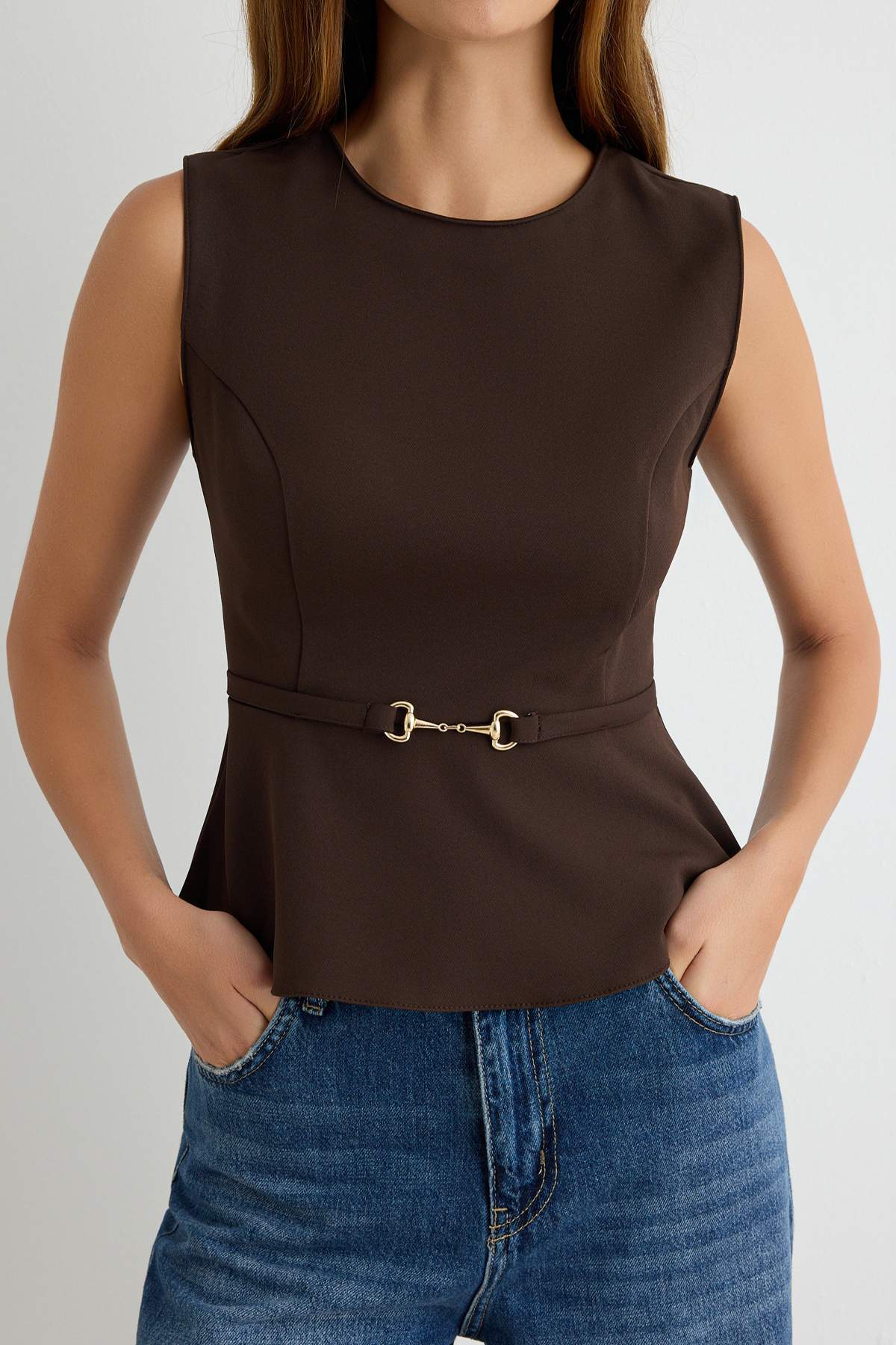 Belt Detail Sleeveless Round Neck Regular Fit Blouse